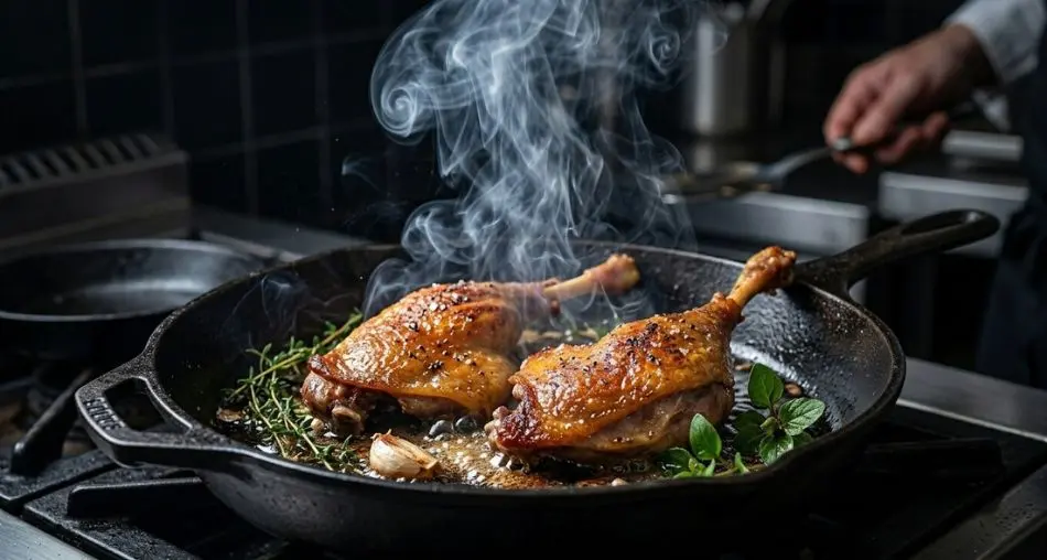 Selamento do pato: "Duck legs being seared in a heavy cast iron pan, dramatic smoke rising, skin side down with perfectly golden crust forming, dark kitchen background, professional cooking photography, action shot"