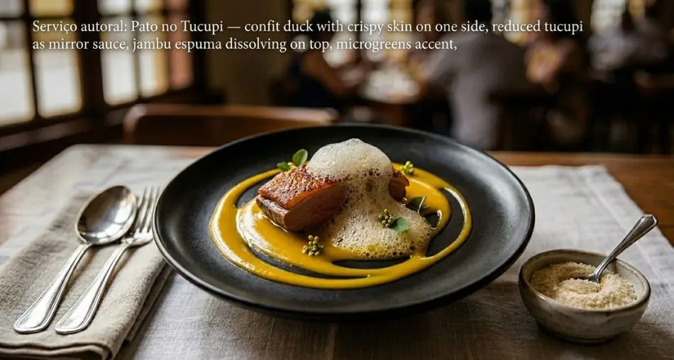 Imagem 8 — Serviço autoral: "Elevated plating of Pato no Tucupi — confit duck with crispy skin on one side, reduced tucupi as mirror sauce, jambu espuma dissolving on top, microgreens accent, fine dining black plate, dramatic spot lighting, Michelin-style food photography"