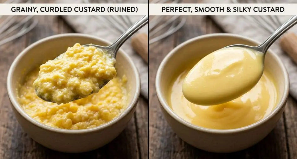 Split image: grainy curdled custard vs perfect smooth silky custard texture, close-up macro, educational food photography