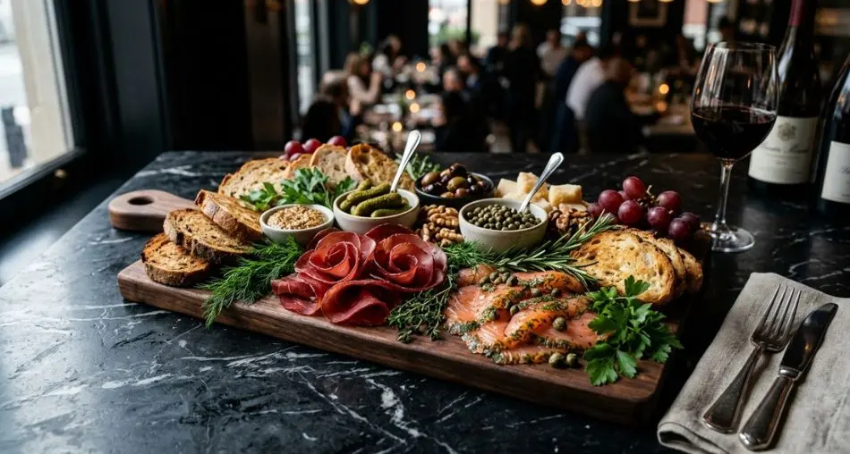Tábua de charcutaria elegante com bresaola fatiada, gravlax, picles, alcaparras e pão torrado sobre mármore escuro