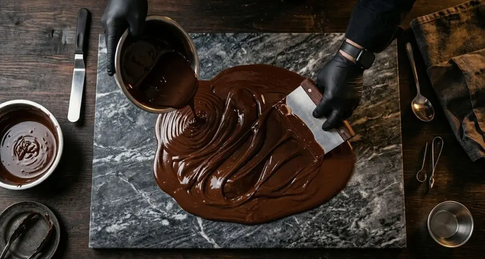 Top-down shot of a pastry chef's hands pouring tempered dark chocolate onto a cold marble surface during tabling technique, with glossy chocolate ribbons catching warm studio light. Dramatic chiaroscuro lighting, professional food photography, dark moody background, 4K, editorial style.