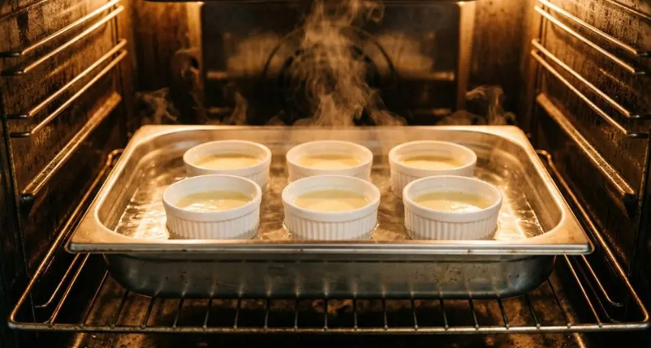 White ramekins in deep baking tray filled with hot water in oven, steam rising, warm golden oven light, professional culinary photography