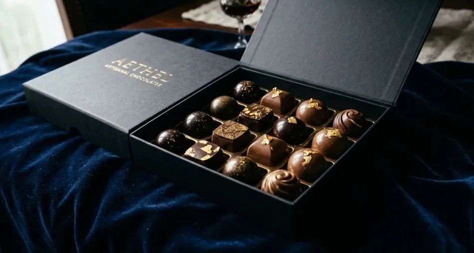 Wide low-angle shot of a finished box of handmade glossy tempered chocolate bonbons with gold leaf accents, open box on a dark velvet surface, dramatic side lighting — editorial luxury confectionery photography, 4K.