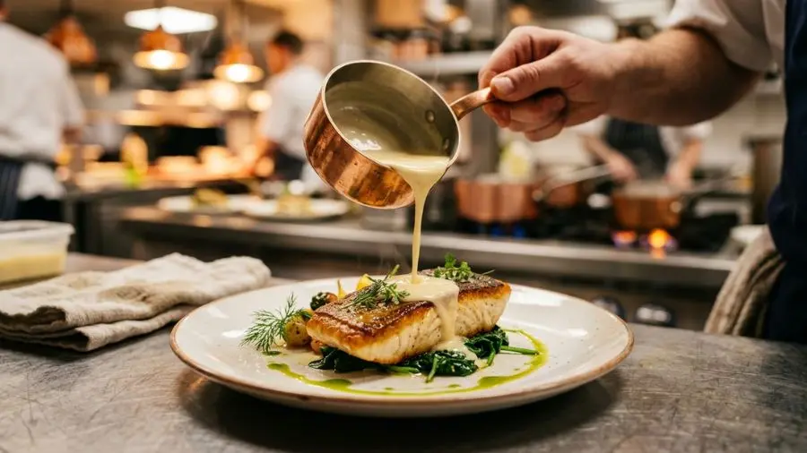 "beurre blanc clássico sendo servido sobre filé de peixe selado superfície acetinada do molho de manteiga emulsionada cozinha profissional"
