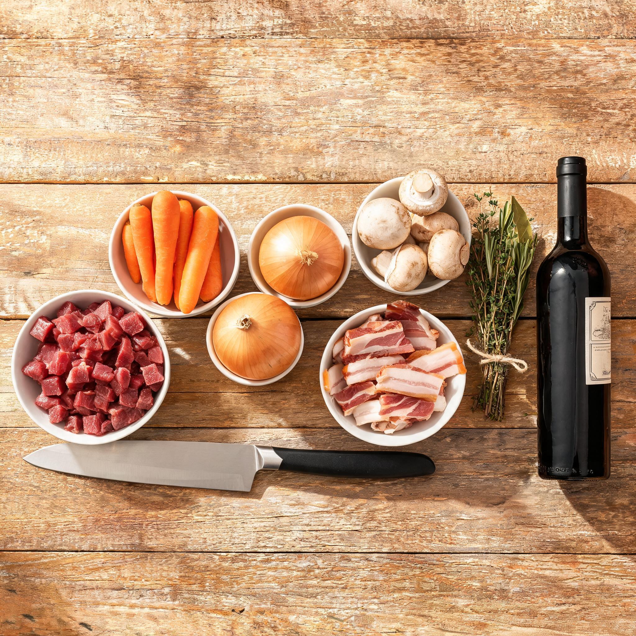 Ingredientes do Boeuf Bourguignon organizados