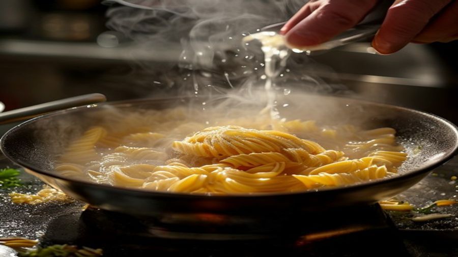 Agua amilacea do cozimento sendo incorporada a emulsao do cacio e pepe