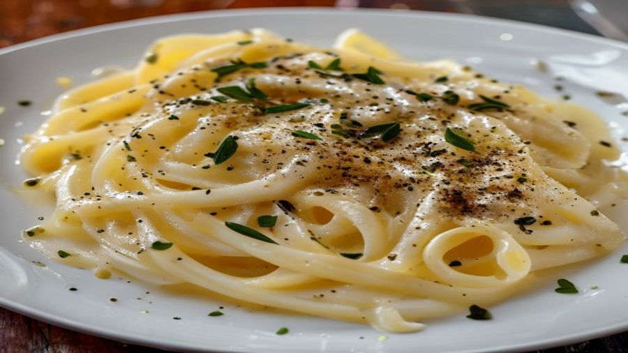 Cacio e pepe finalizado — emulsao sedosa e pimenta visivel sobre o tonnarelli