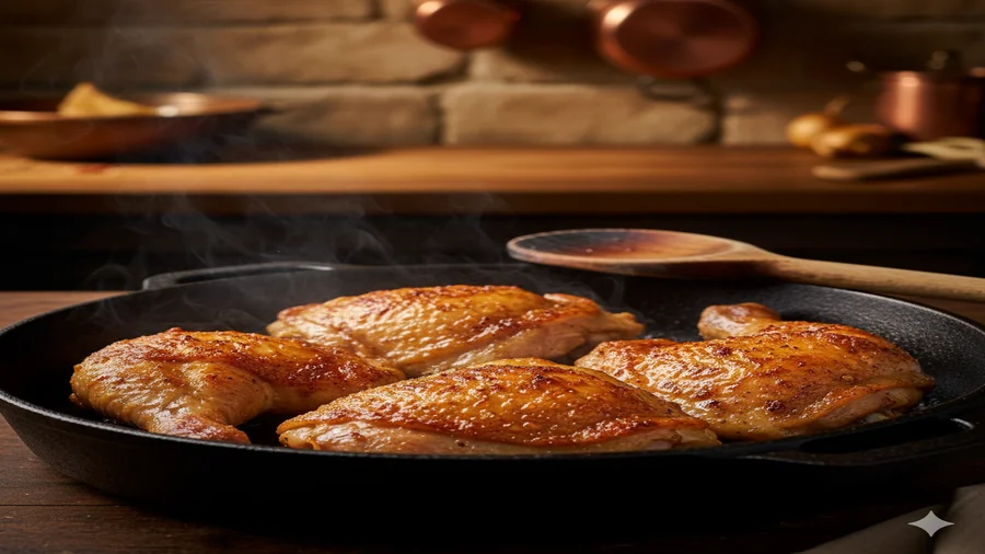 frango caipira selando em frigideira de ferro
