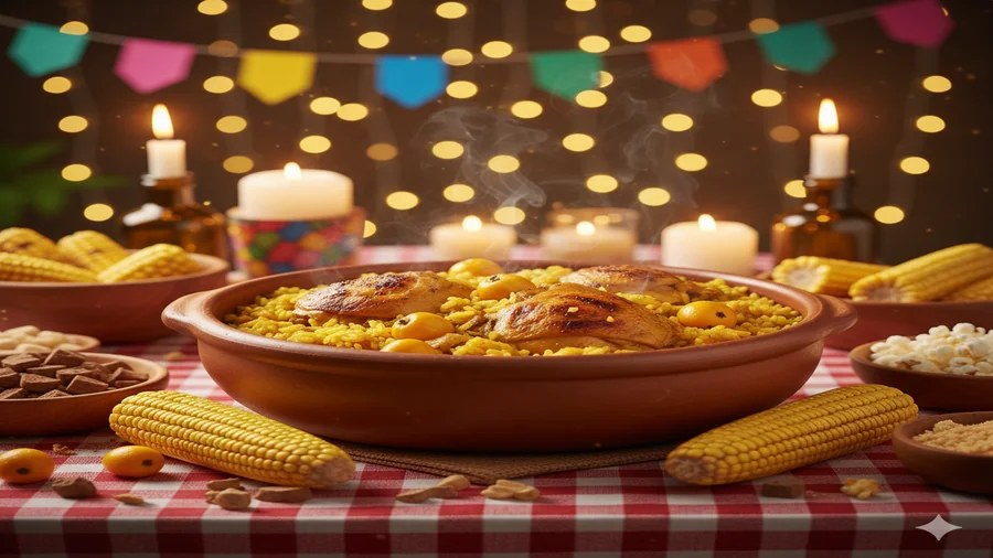 mesa de festa junina com galinhada mineira