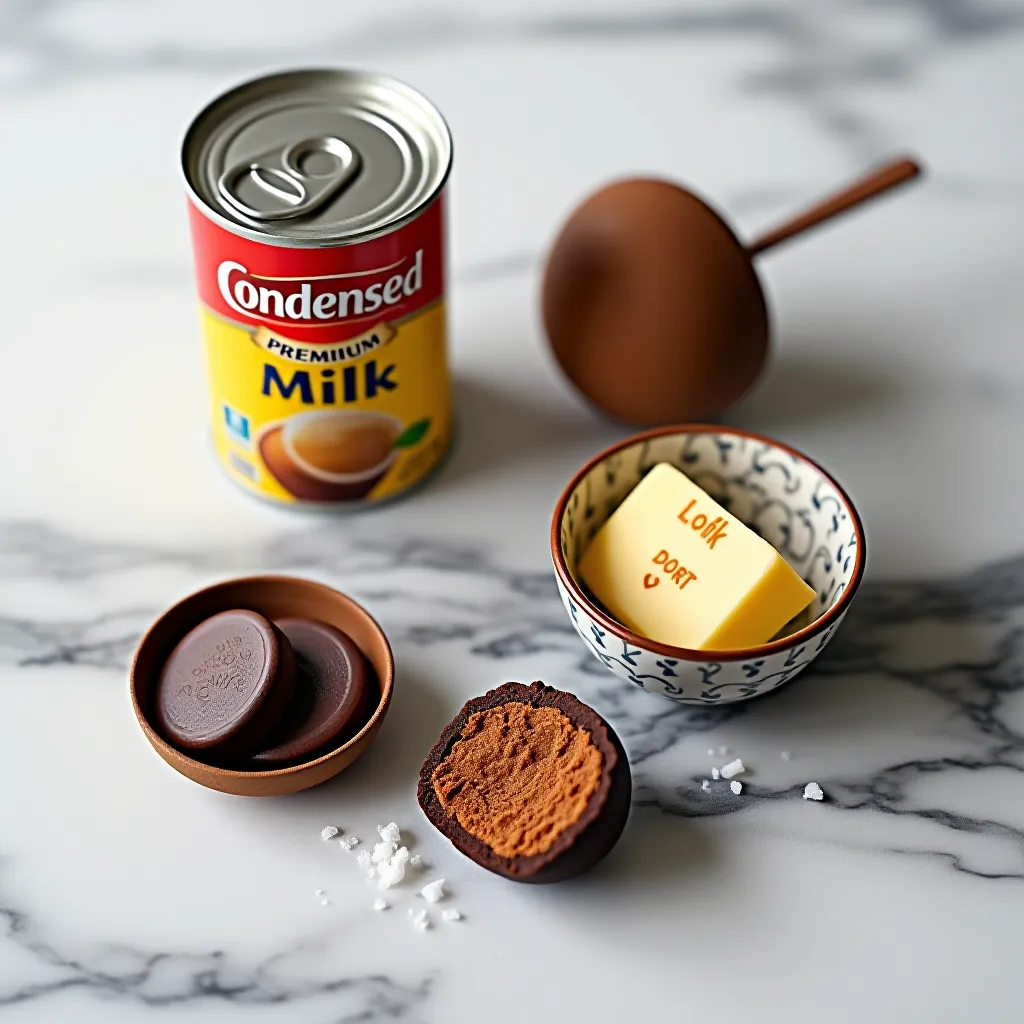 Ingredientes da receita base de brigadeiro gourmet — leite condensado, chocolate nobre e manteiga