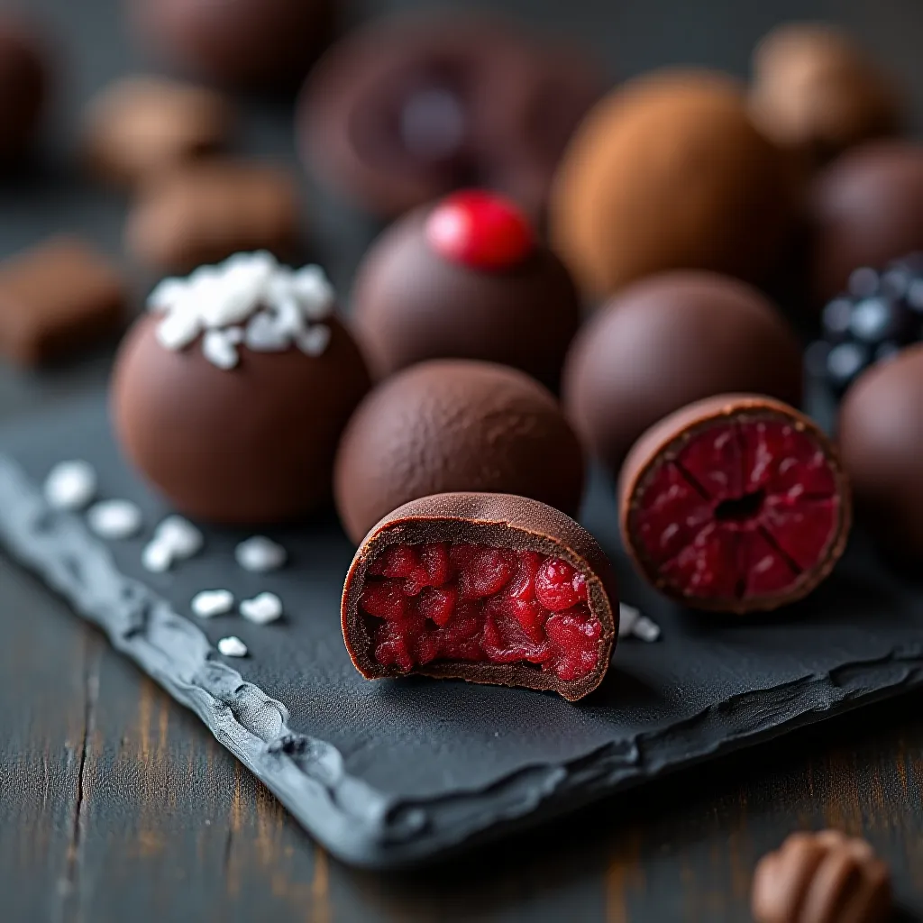 Variações de brigadeiro gourmet — amargo 70%, flor de sal e frutas vermelhas