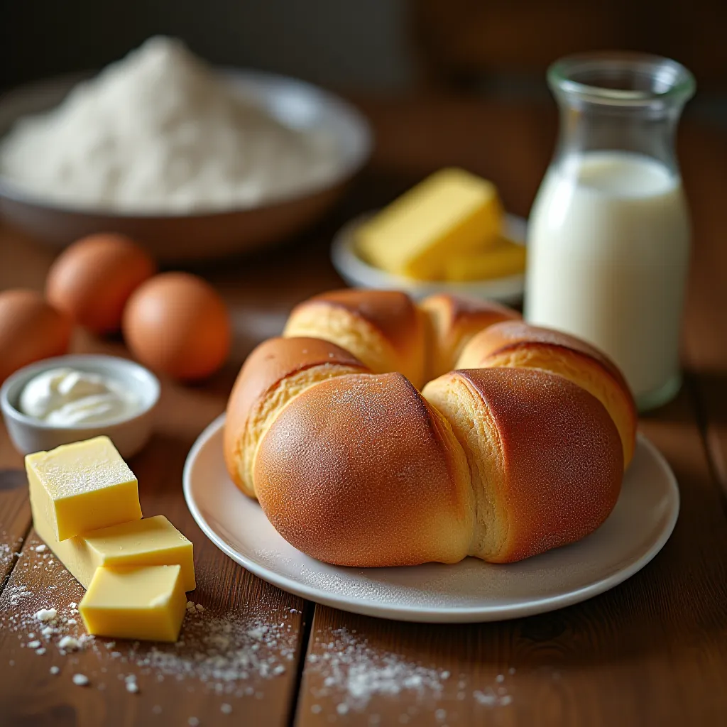 Ingredientes da massa enriquecida do brioche — ovos manteiga farinha e leite