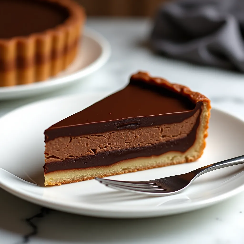 Fatia de tarte au chocolat com camadas de massa crocante e ganache cremosa à vista