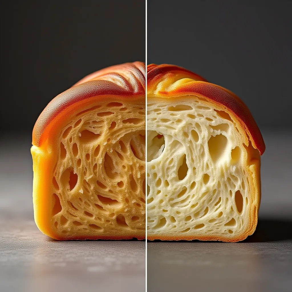 Brioche denso e fracassado ao lado de brioche perfeito e leve — erros comuns na receita