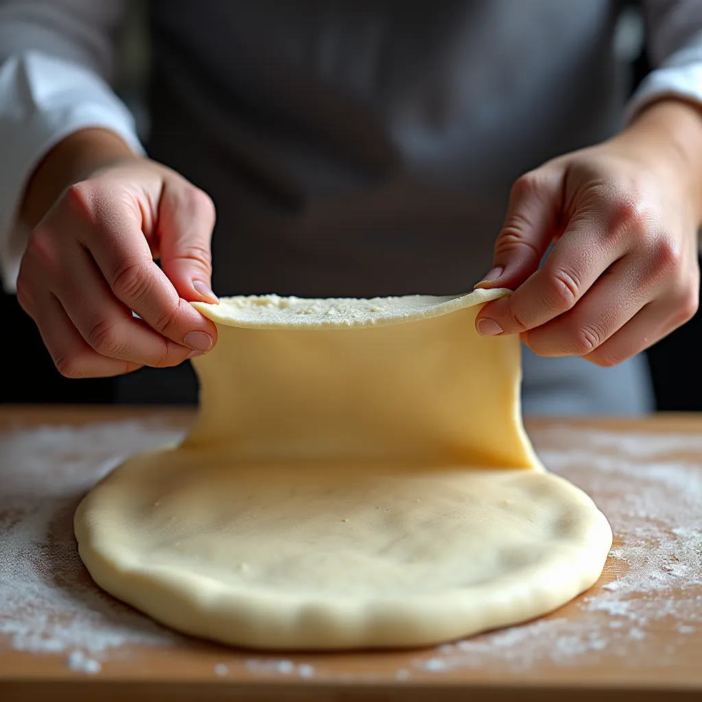 Teste da janela de glúten com massa de brioche esticada — desenvolvimento correto do glúten