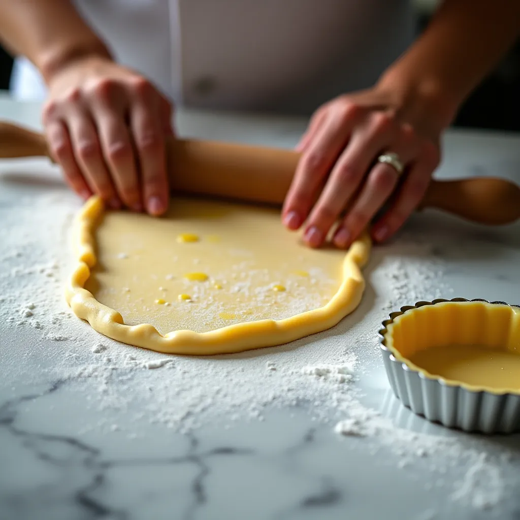 Massa pâte sucrée sendo aberta com rolo sobre mármore para tarte au chocolat