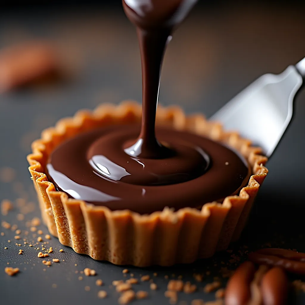 Ganache croustillant sendo derramada com camada crocante na tarte au chocolat artesanal