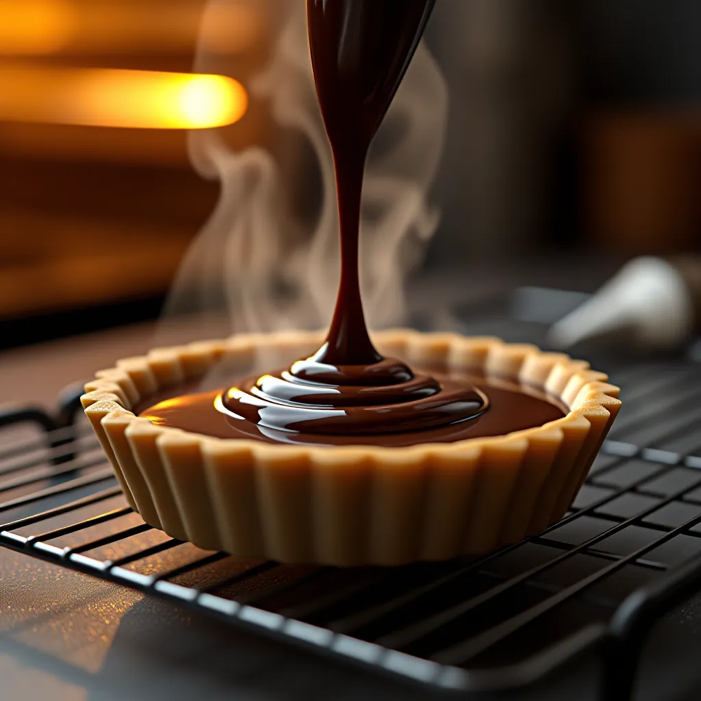 Montagem da tarte au chocolat ganache sendo vertida na massa pré-assada quente