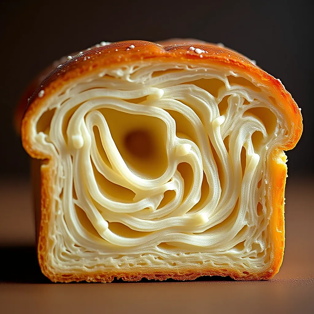 Miolo do brioche com estrutura alveolar aberta e textura filamentosa — ponto correto