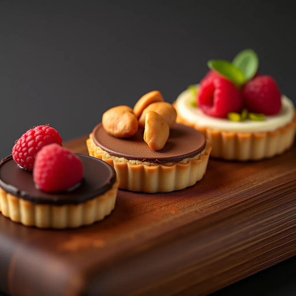 Variações de tarte au chocolat clássica com avelã e framboesa em mini tartes