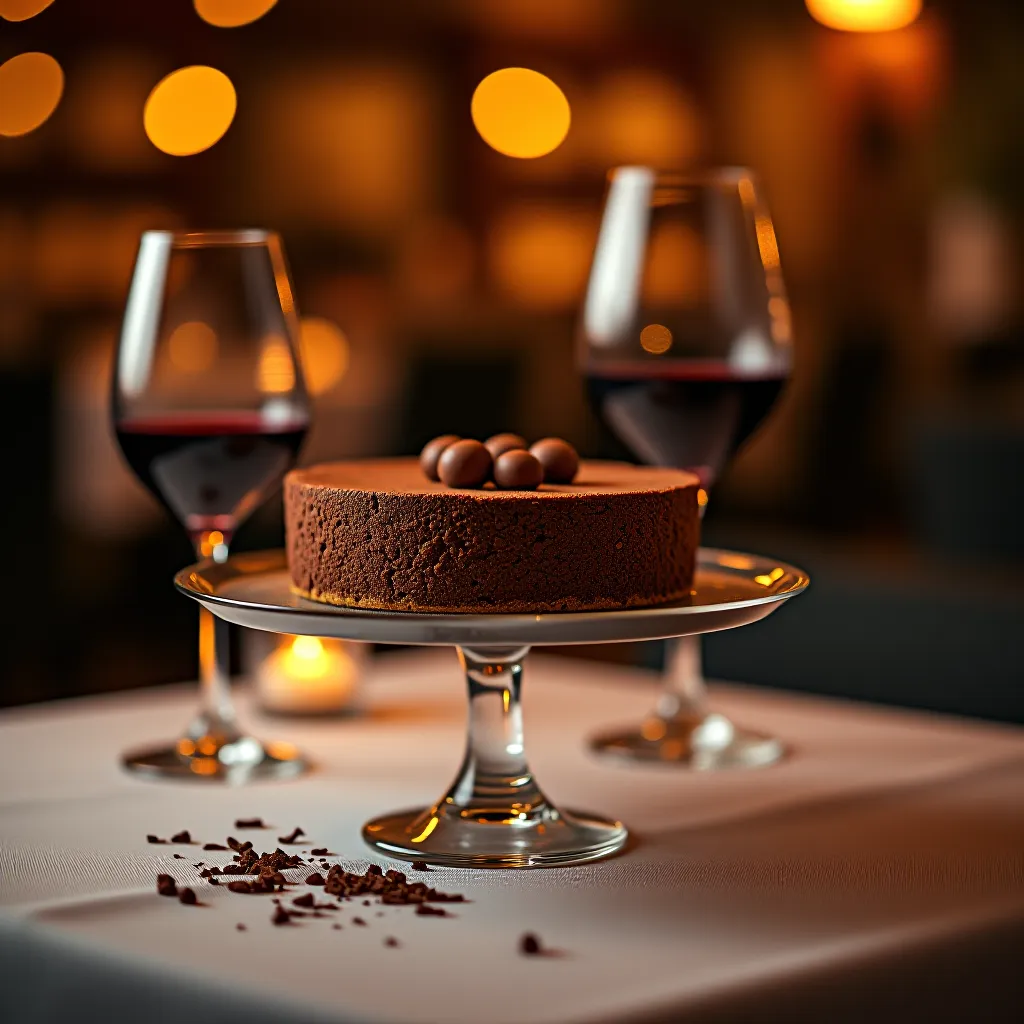 Tarte au chocolat em mesa elegante para sobremesa com acompanhamento harmonizado