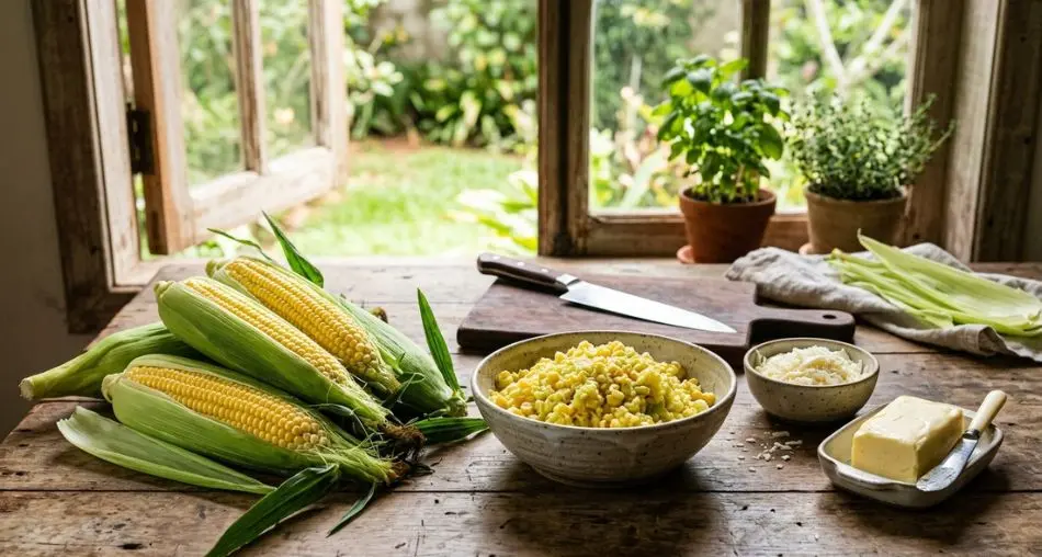 Ingredientes frescos para fazer pamonha artesanal: espigas de milho verde, graos ralados, queijo minas e manteiga sobre mesa rustica