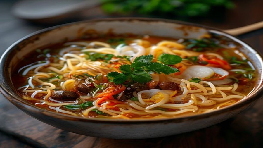 bolinho de ramen em uma tigela com caldo e toppings