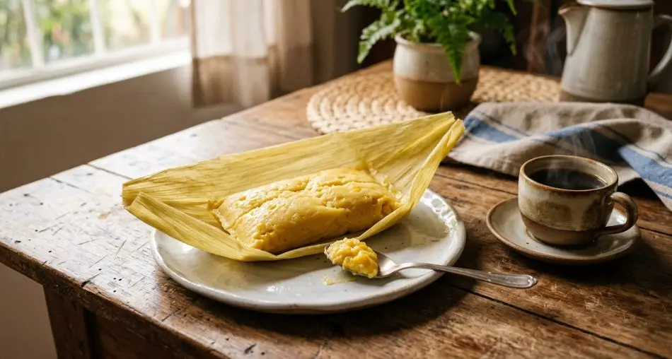 Pamonha artesanal aberta mostrando a massa cremosa de milho, servida com cafe fresco em mesa de cozinha brasileira