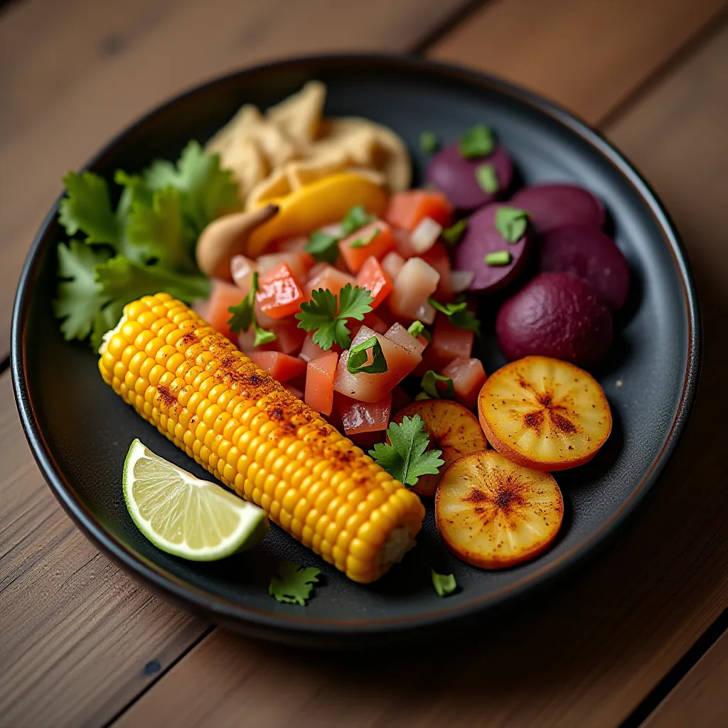 Choclo, camote e cancha — trio indispensável do ceviche