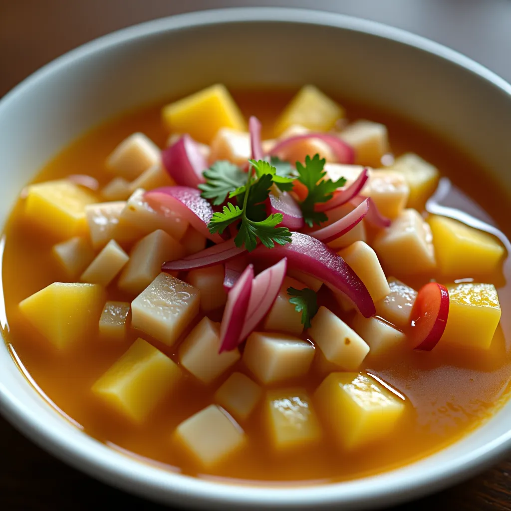 Ceviche peruano autêntico com leche de tigre e acompanhamentos