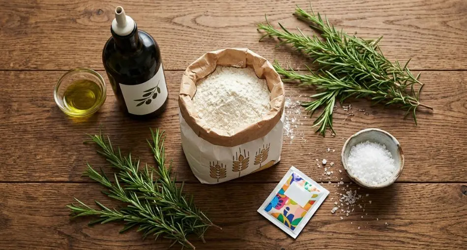 Ingredientes da focaccia genovese: farinha 00, azeite, alecrim e sal