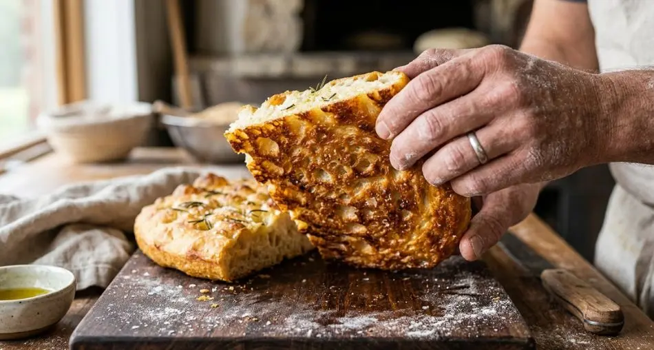 Massa de focaccia com 80% de hidratação sendo dobrada
