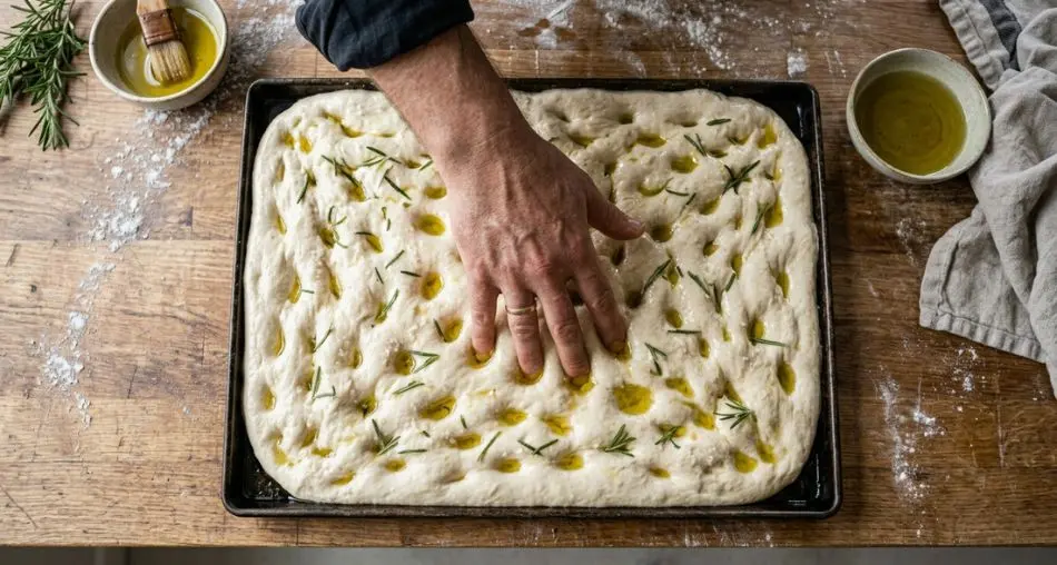 Mãos fazendo dimples na massa de focaccia com azeite