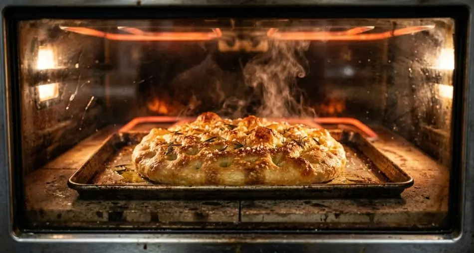 Focaccia assando no forno a 230°C