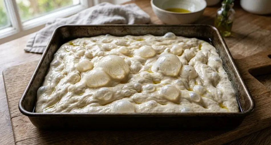 Focaccia genovese fatiada com azeite e alecrim