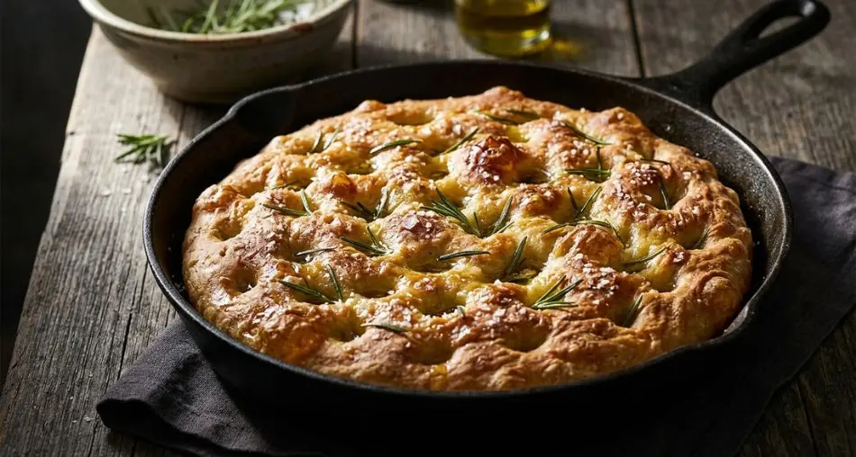 Focaccia Genovese autêntica em assadeira de ferro fundido