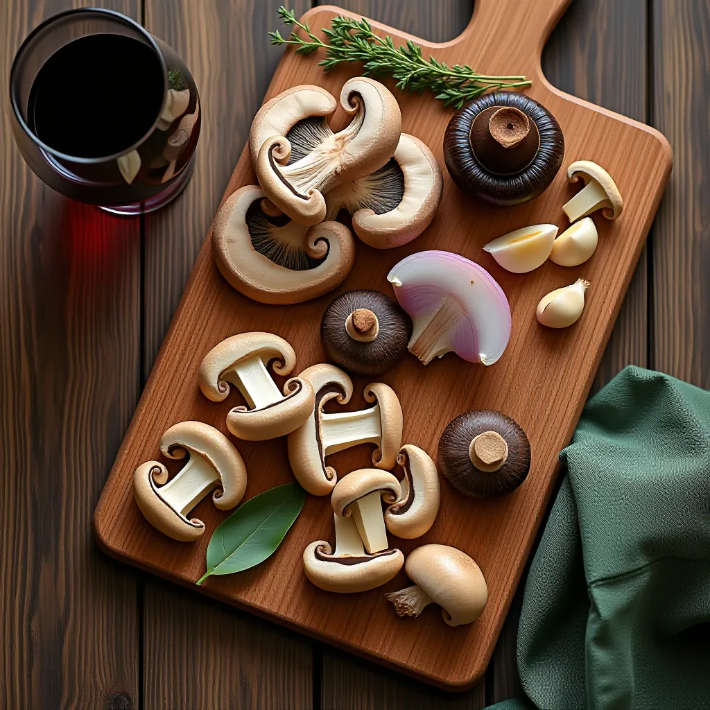Ingredientes para frango braseado - shiitake, champignon, aromaticos e vinho tinto
