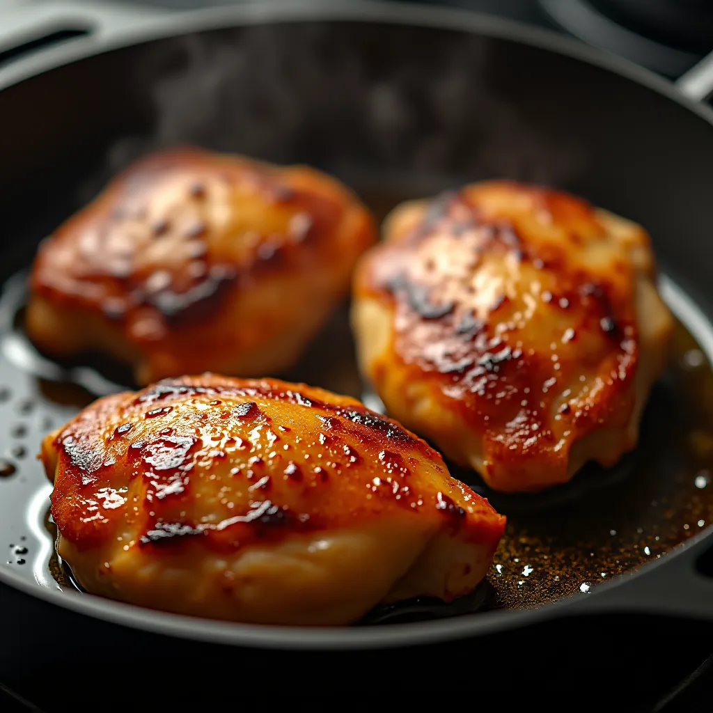 Coxas de frango sendo seladas em frigideira de ferro - crosta dourada e Maillard