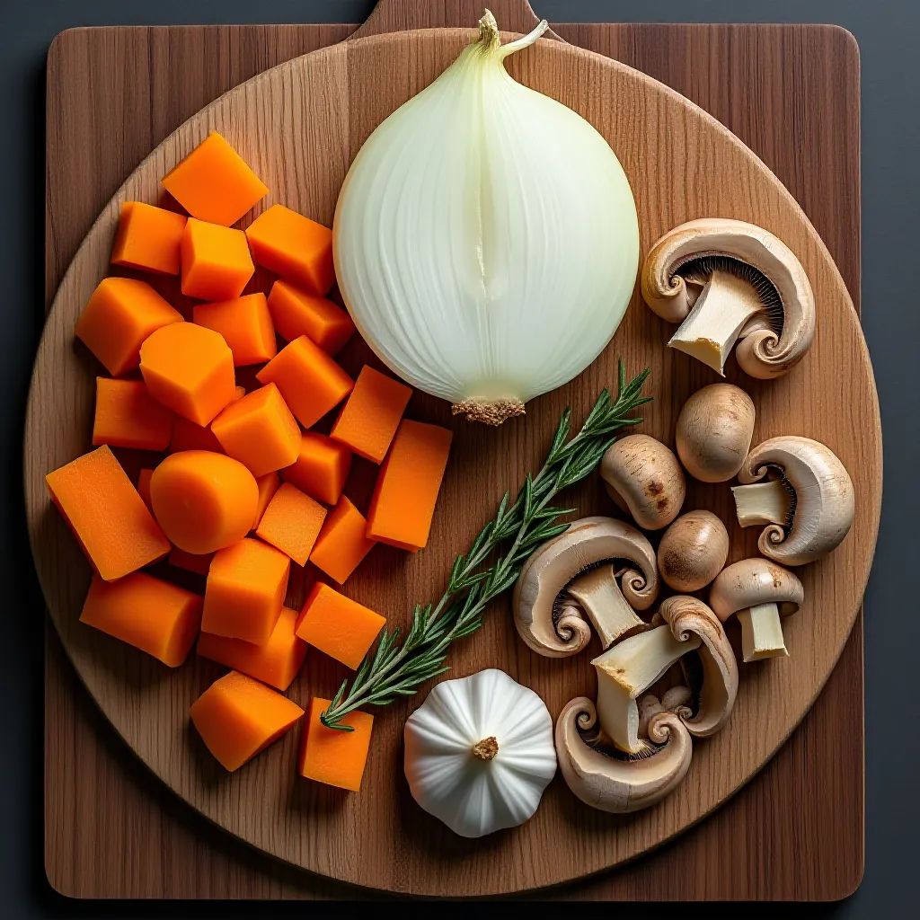 Aromaticos para braseado classico - cebola, cenoura, shiitake, alho e ervas