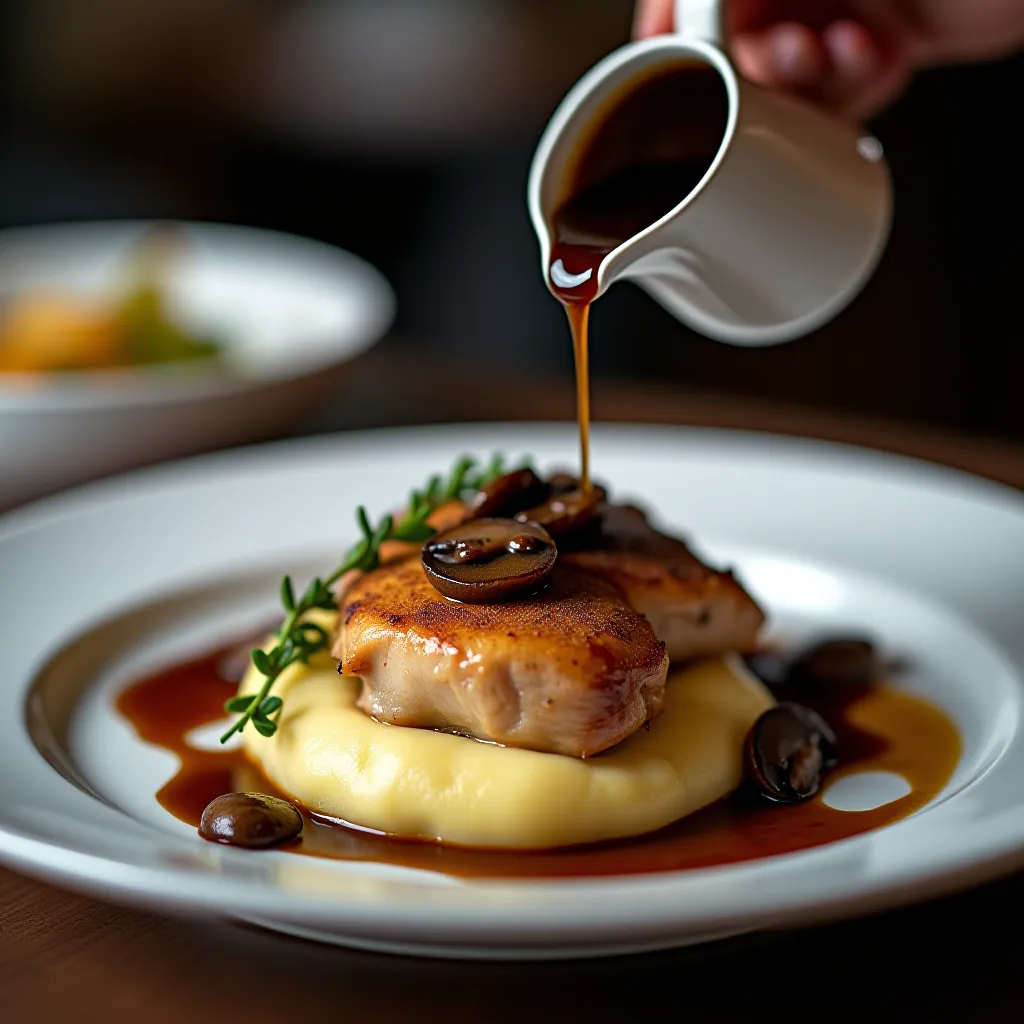 Frango braseado servido sobre pure com molho de cogumelos - apresentacao de restaurante