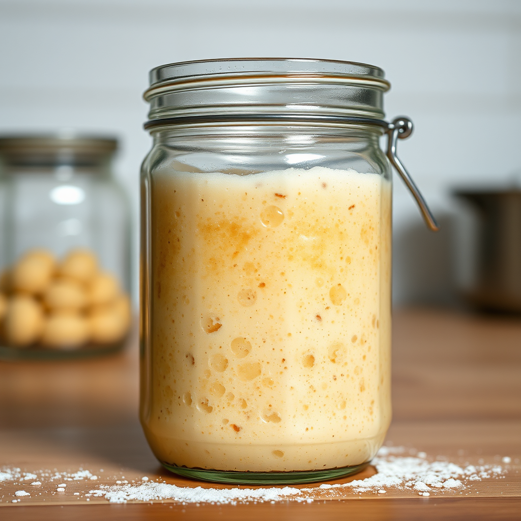 como criar levain caseiro do zero - pote de vidro com fermento ativo