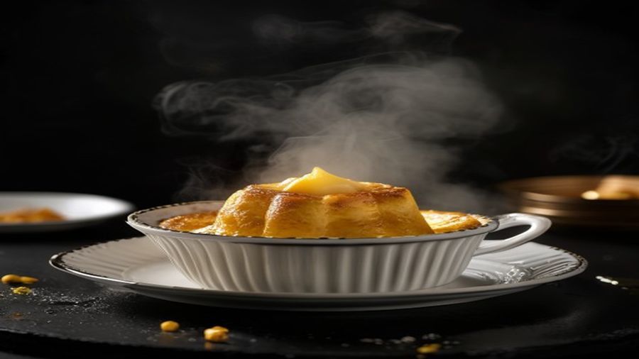Soufflé de queijo dourado e crescido em ramequin branco, culinária francesa elegante