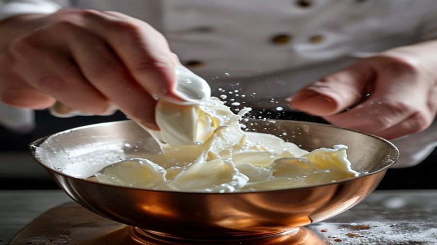 Mãos de chef batendo claras em neve em tigela de cobre para soufflé perfeito