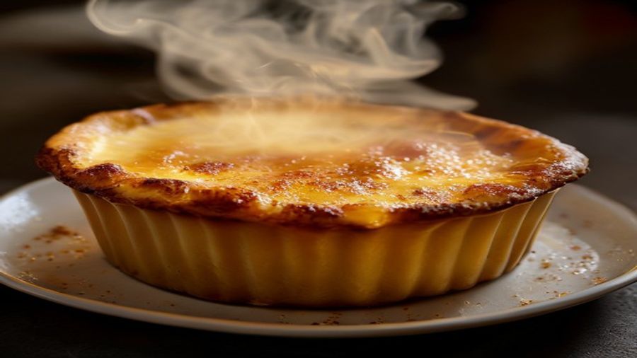 Soufflé de queijo dourado saindo do forno, crescido e com vapor, pronto para servir
