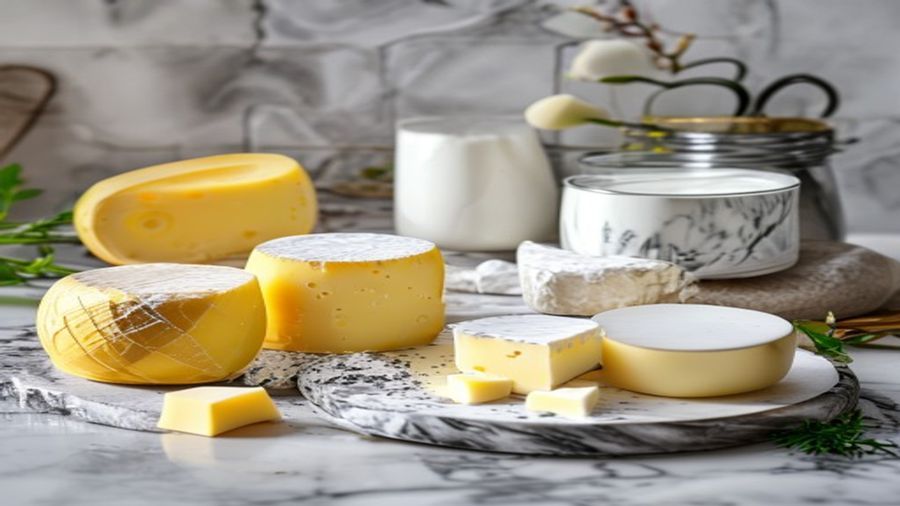 Ingredientes para soufflé de queijo: gruyère, ovos, manteiga e leite sobre bancada de mármore