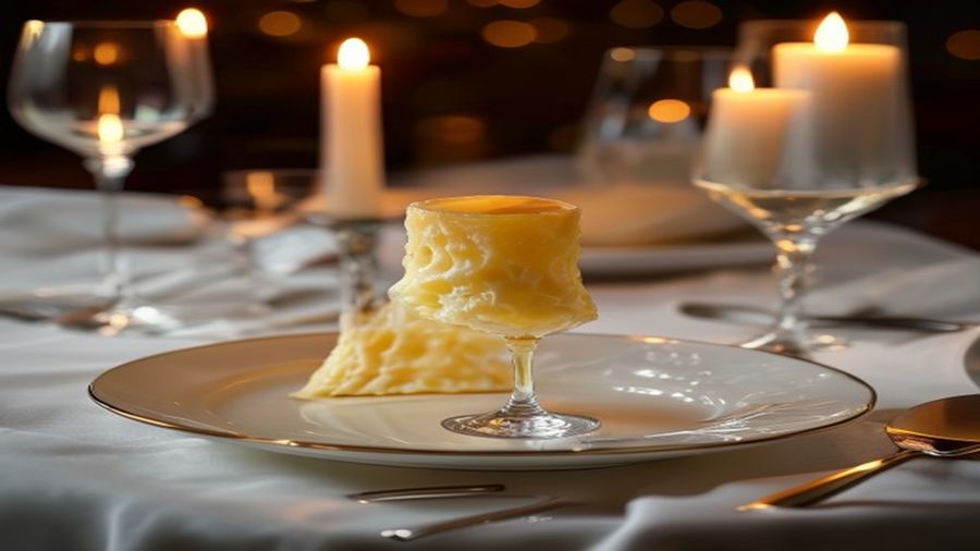 Soufflé de queijo servido elegantemente com taça de vinho branco em restaurante refinado