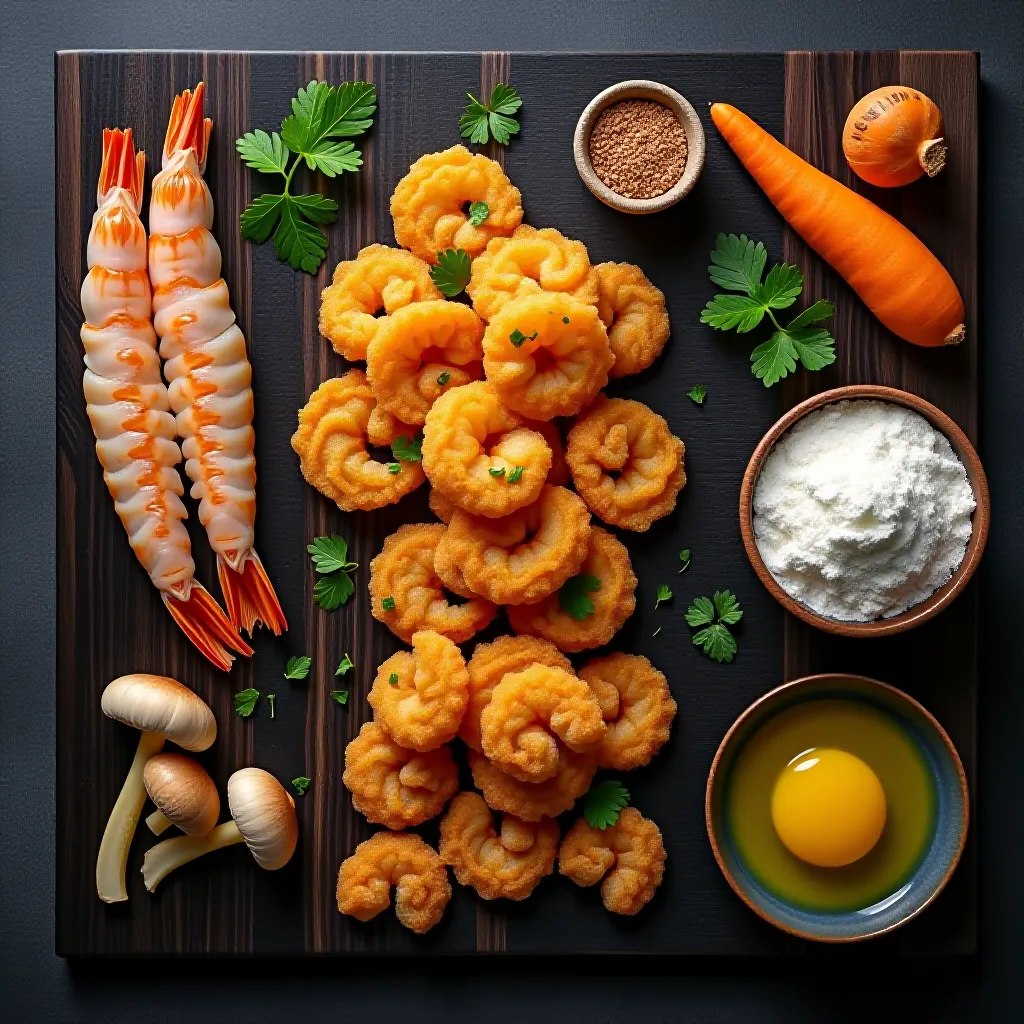 Ingredientes da tempura: camarão, legumes, farinha e água gelada