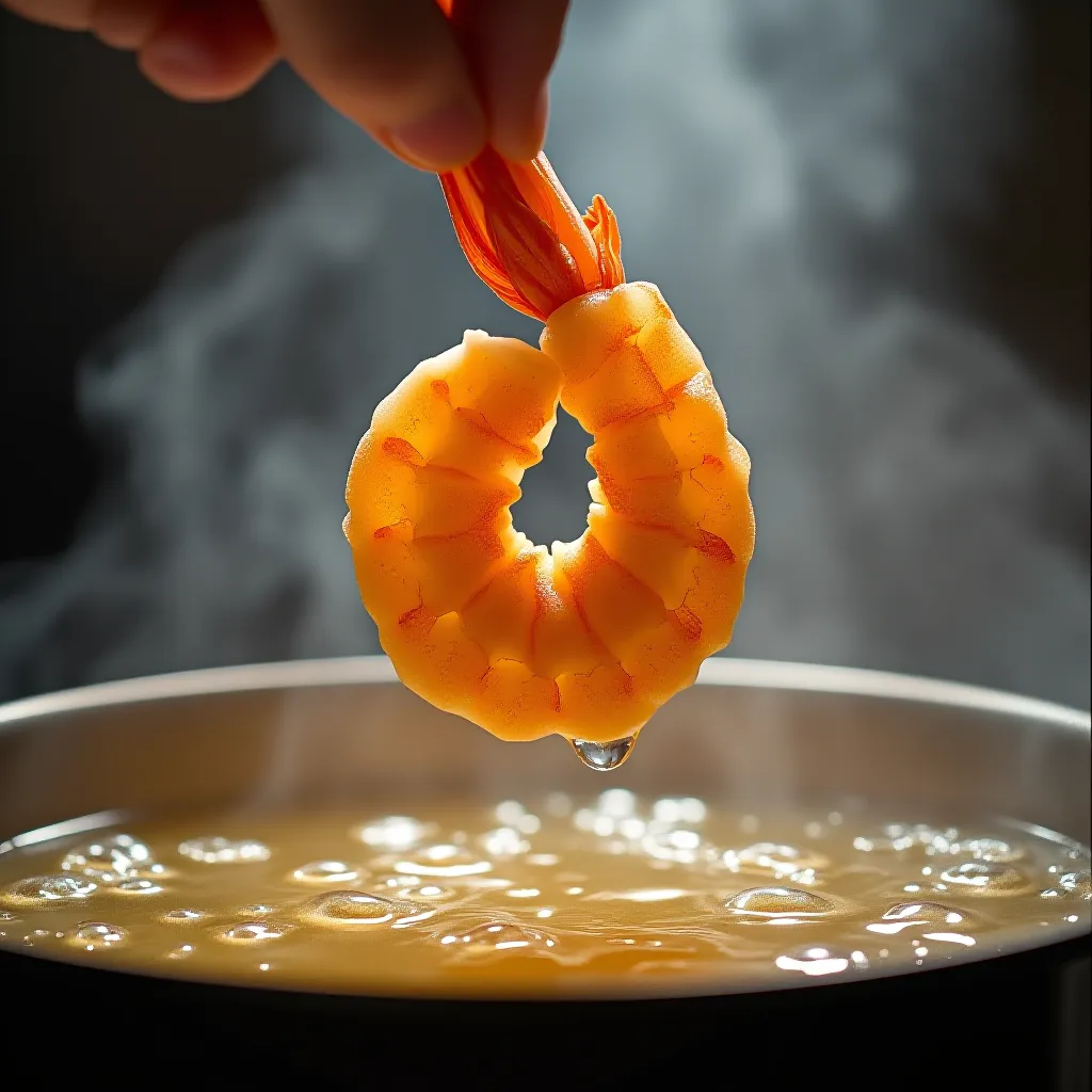 Camarão sendo mergulhado no óleo quente — tempura em ação