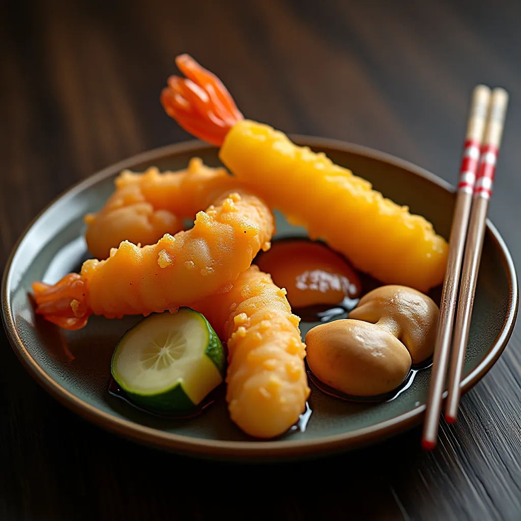 Tempura japonesa autêntica — camarão, legumes e molho tentsuyu