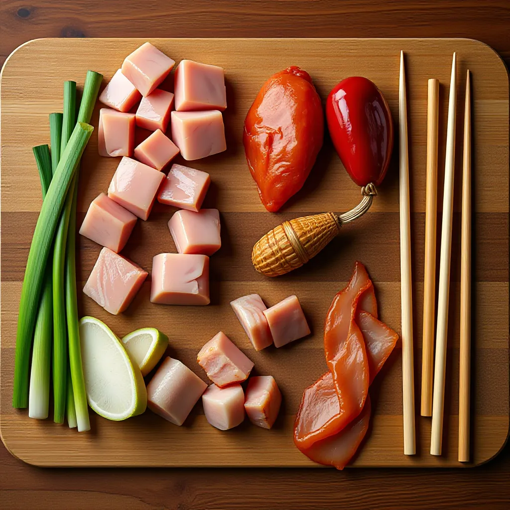 Cortes de frango para yakitori: coxa, cebolinha, fígado, coração